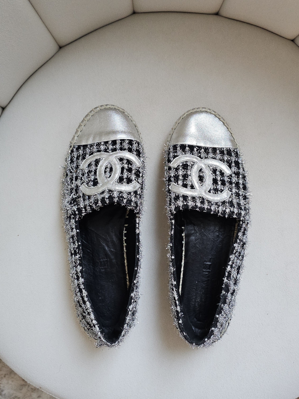 CHANEL Vintage Black & Silver Tweed Espadrille Flats